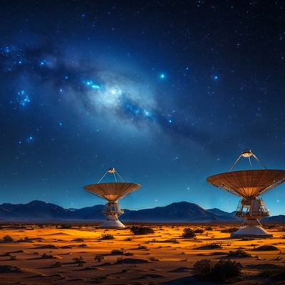 Link zur Beschreibung des astronomischen Programms „Das unsichtbare Universum“ für Erwachsene und Kinder ab 10 Jahre – Das Bild zeigt Radioteleskope in einer Wüstenlandschaft, die den nächtlichen Sternhimmel beobachten (künstlerische Darstellung).