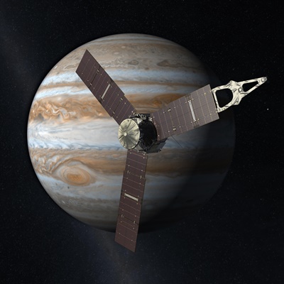 Link zur Beschreibung des astronomischen Programms „Planeten - Expedition ins Sonnensystem“ für Erwachsene und Kinder ab ca. 10 Jahre – Das Bild zeigt die Raumsonde Juno vor dem Riesenplaneten Jupiter (künstlerische Darstellung).