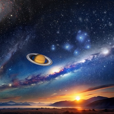 Link zur Beschreibung des astronomischen Programms „Unendliche Weiten - Astronomie für Einsteiger“ für Erwachsene und Kinder ab ca. 10 Jahre – Die künstlerische Darstellung zeigt eine Landschaft auf der Erde mit Sonnenuntergang und fiktivem Sternhimmel.