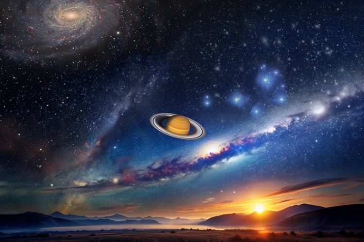 Die künstlerische Darstellung zeigt eine Landschaft auf der Erde mit Sonnenuntergang. Am Himmel sind die Milchstraße, der Saturn, die Plejaden und eine ferne Galaxie zu sehen.