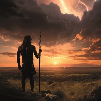 Link zur Beschreibung des astronomischen Programms „Unsere himmlische Geschichte“ für Erwachsene und Kinder ab ca. 10 Jahre – Das Bild zeigt einen Menschen aus der Steinzeit, der den Sonnenuntergang betrachtet (künstlerische Darstellung).