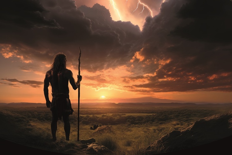Ein Mensch aus der Steinzeit steht in einer Steppenlandschaft auf einer Anhöhe und betrachtet den Sonnenuntergang. In seiner rechten Hand hält er einen Speer. Am Himmel befinden sich dunkle Wolken und Blitze (künstlerische Darstellung).