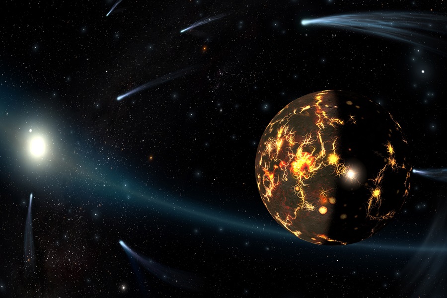 Die künstlerische Darstellung zeigt das Sonnensystem während seiner Entstehung vor 4,5 Milliarden Jahren: Neben der Sonne ist die junge Erde zu sehen mit Vulkanen und Gräben auf ihrer noch heißen Oberfläche. Im Hintergrund sieht man zahlreiche Kometen.
