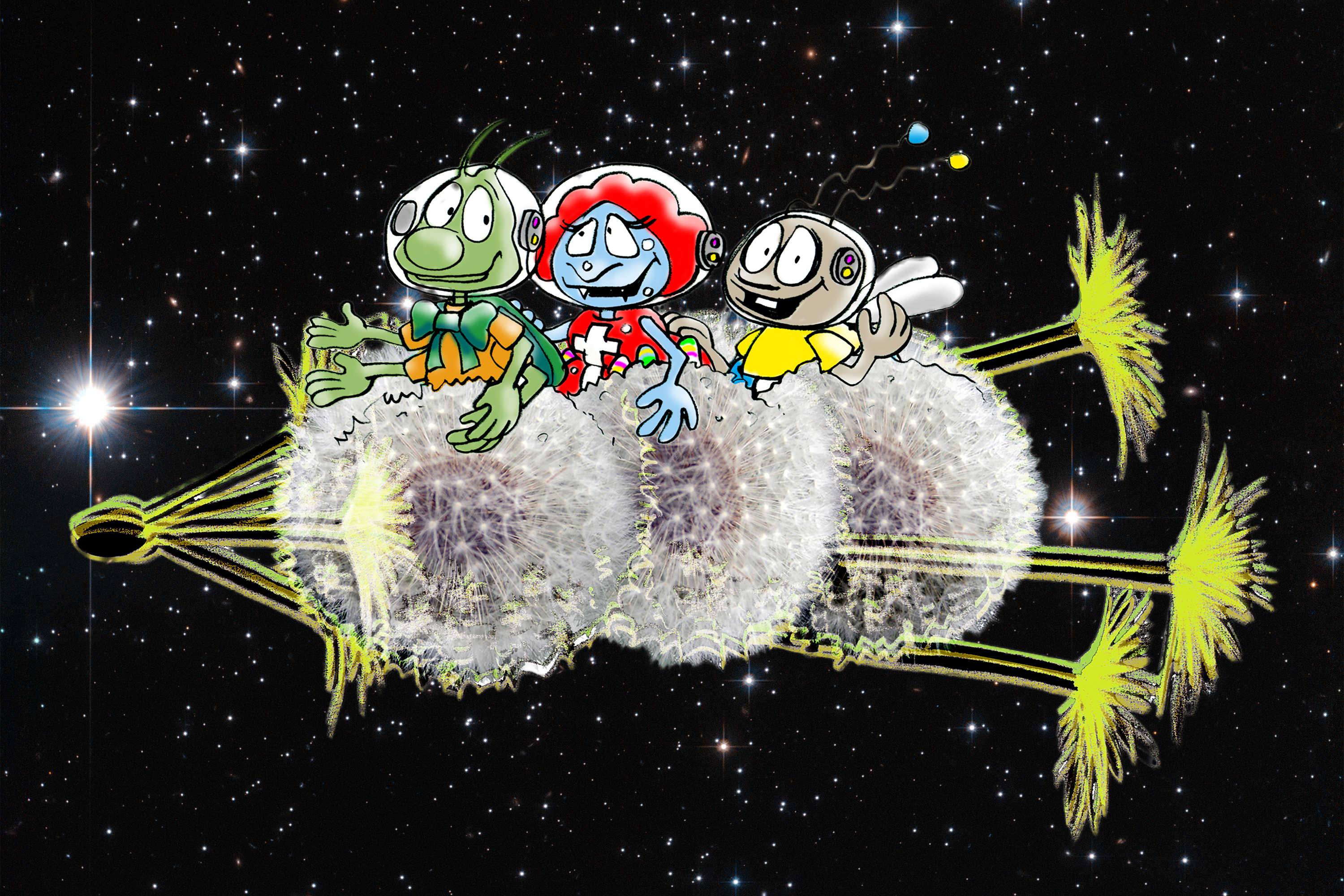 Die Zeichnung zeigt eine Fliege, eine Spinne und einen Grashüpfer. Sie haben Astronautenhelme auf ihren Köpfen und sitzen auf einer Rakete aus mehreren zusammengesteckten Pusteblumen, mit der sie durchs Weltall fliegen.