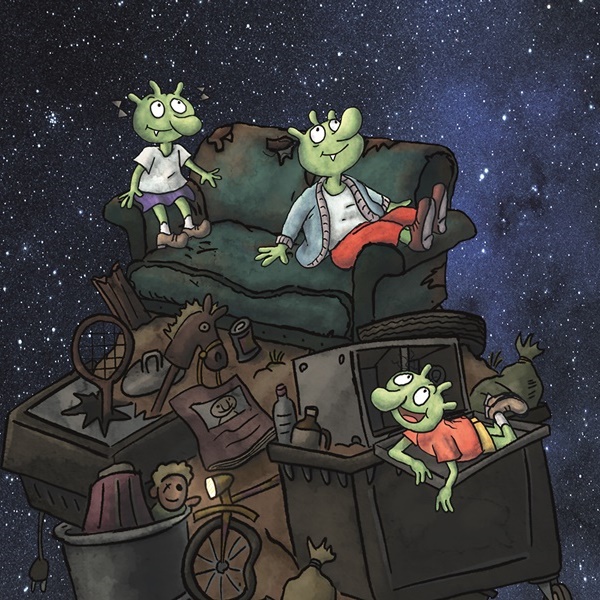 Link zur Beschreibung des Kinderprogramms „Die Olchis - Das große Weltraumabenteuer“ für Kinder ab 5 Jahre – Das Bild zeigt drei Olchis, die auf einem Schrottberg sitzen und sehnsüchtig in den Sternenhimmel schauen (Zeichnung von Erhard Dietl).