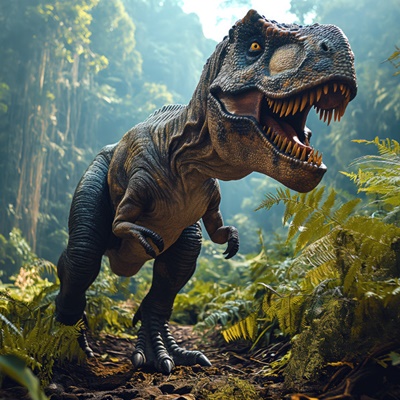 Link zur Beschreibung des Kinderprogramms „Dinosaurier - Die Geschichte des Überlebens“ für Kinder ab 7 Jahre – Das Bild zeigt einen Tyrannosaurus Rex, der durch einen urzeitlichen Wald streift (künstlerische Darstellung).