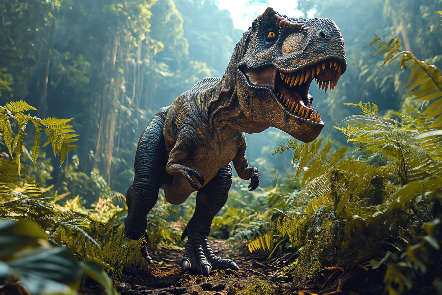 Das Bild zeigt einen Tyrannosaurus Rex, der durch einen urzeitlichen Wald streift (künstlerische Darstellung).