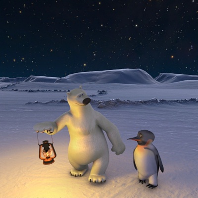 Link zur Beschreibung des Kinderprogramms „Polaris - Das Rätsel der Polarnacht“ für Kinder ab 6 Jahre – Das Bild zeigt einen Eisbären und einen Pinguin in einer nächtlichen arktischen Eislandschaft (künstlerische Darstellung).