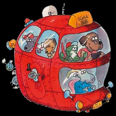 Link zur Beschreibung des Kinderprogramms „Wo geht's denn hier zur Milchstraße?“ für Kinder ab 6 Jahre – Das Bild zeigt im Comicstil gezeichnete Tiere, die als Schulklasse mit Lehrerin und Busfahrer in einem roten Weltraumbus durchs Universum fliegen.