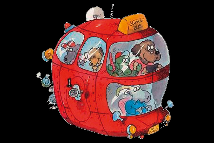 Das Bild zeigt im Comicstil gezeichnete Tiere, die als Schulklasse mit Lehrerin und Busfahrer in einem roten Weltraumbus durchs Universum fliegen (künstlerische Darstellung).