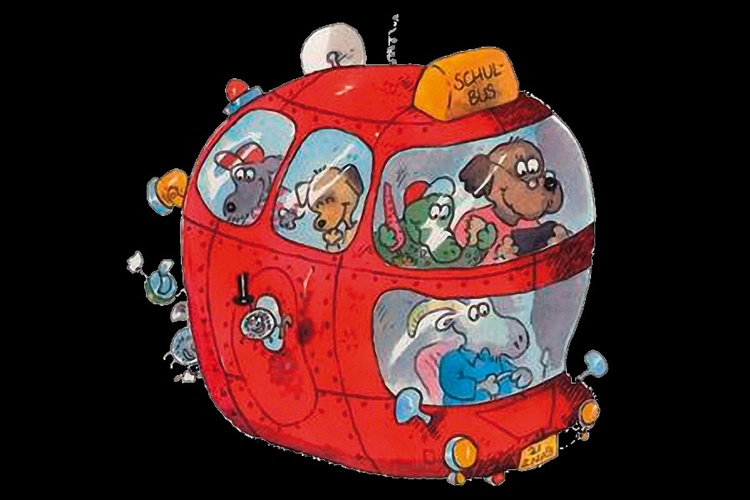 Das Bild zeigt im Comicstil gezeichnete Tiere, die als Schulklasse mit Lehrerin und Busfahrer in einem roten Weltraumbus durchs Universum fliegen (künstlerische Darstellung).