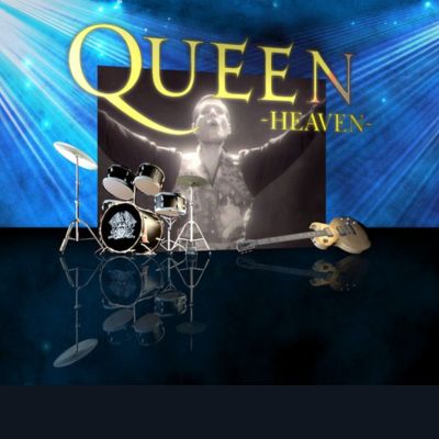 Link zur Beschreibung der Musikshow „Queen – Heaven“ – Das Bild zeigt den Schriftzug „Queen – Heaven“, der vor einem Foto des Sängers Freddy Mercury und über einem Schlagzeug und einer E-Gitarre schwebt (künstlerische Darstellung).