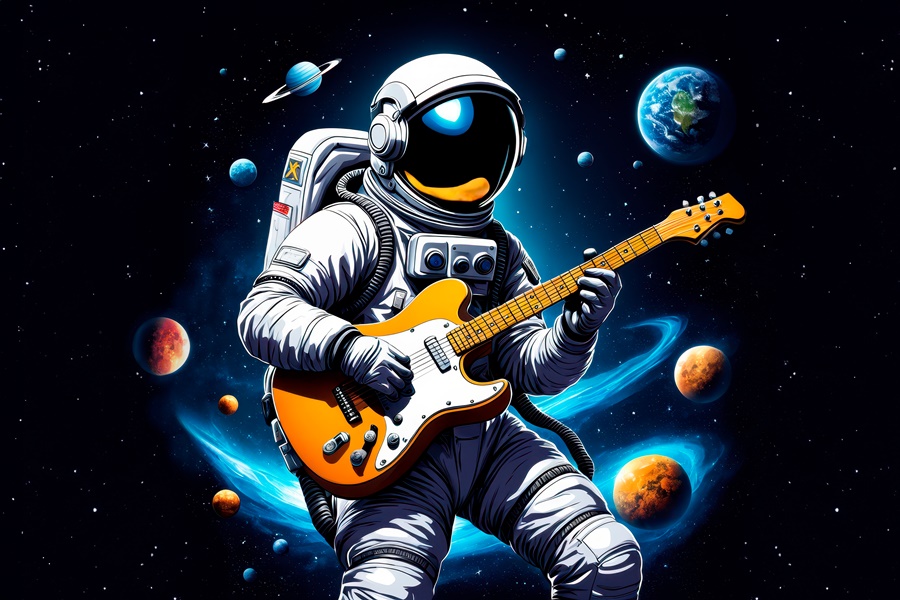 Das Bild zeigt einen im Comicstil gezeichneten Astronauten mit einer E-Gitarre im Weltall. Im Hintergrund sind mehrere Planeten zu sehen (künstlerische Darstellung).